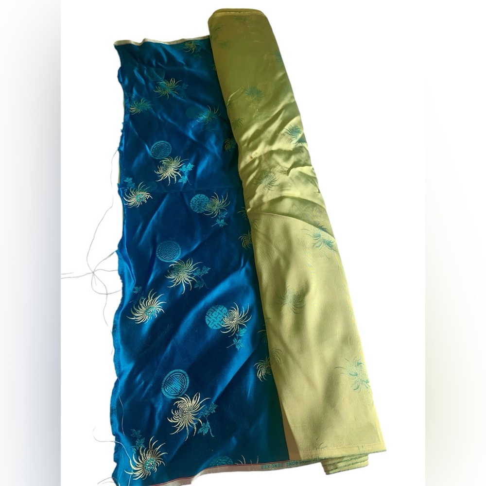 Vintage Asian Silk Turquoise Color Print Fabric Made In Hong Kong Zeng Kee